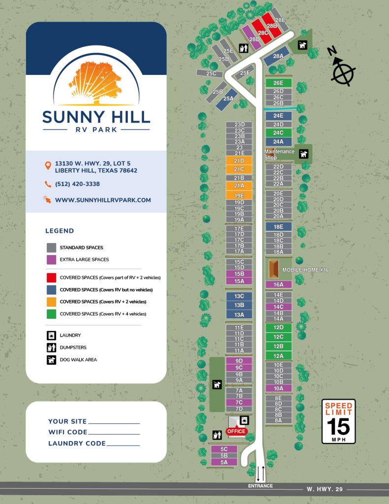 Park Map of Sunny Hill RV Park | RV Resort in Liberty Hill, Texas